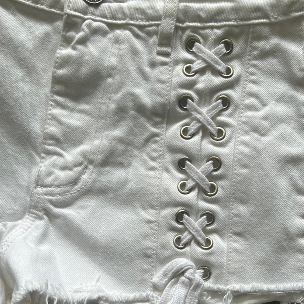 Garage White Lace-Up Side Distressed Denim Shorts - Picture 3 of 5
